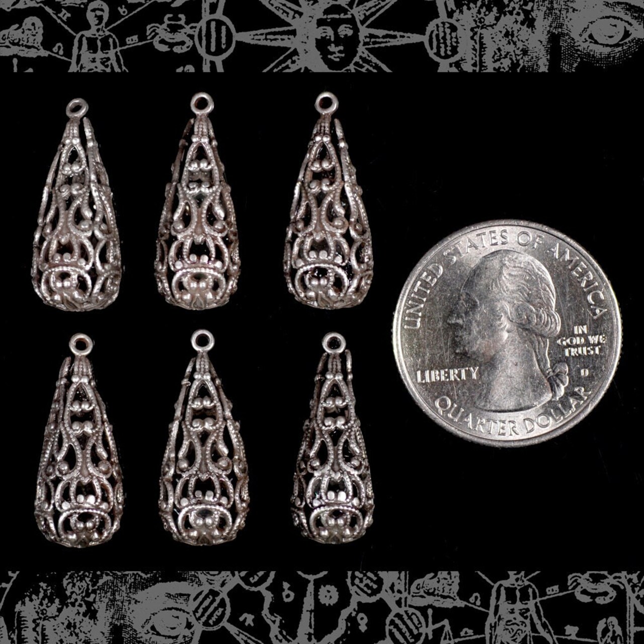 Antiqued Silver Plated Brass Lacy Teardrop Charms - Set of Six - XXX - S-C85